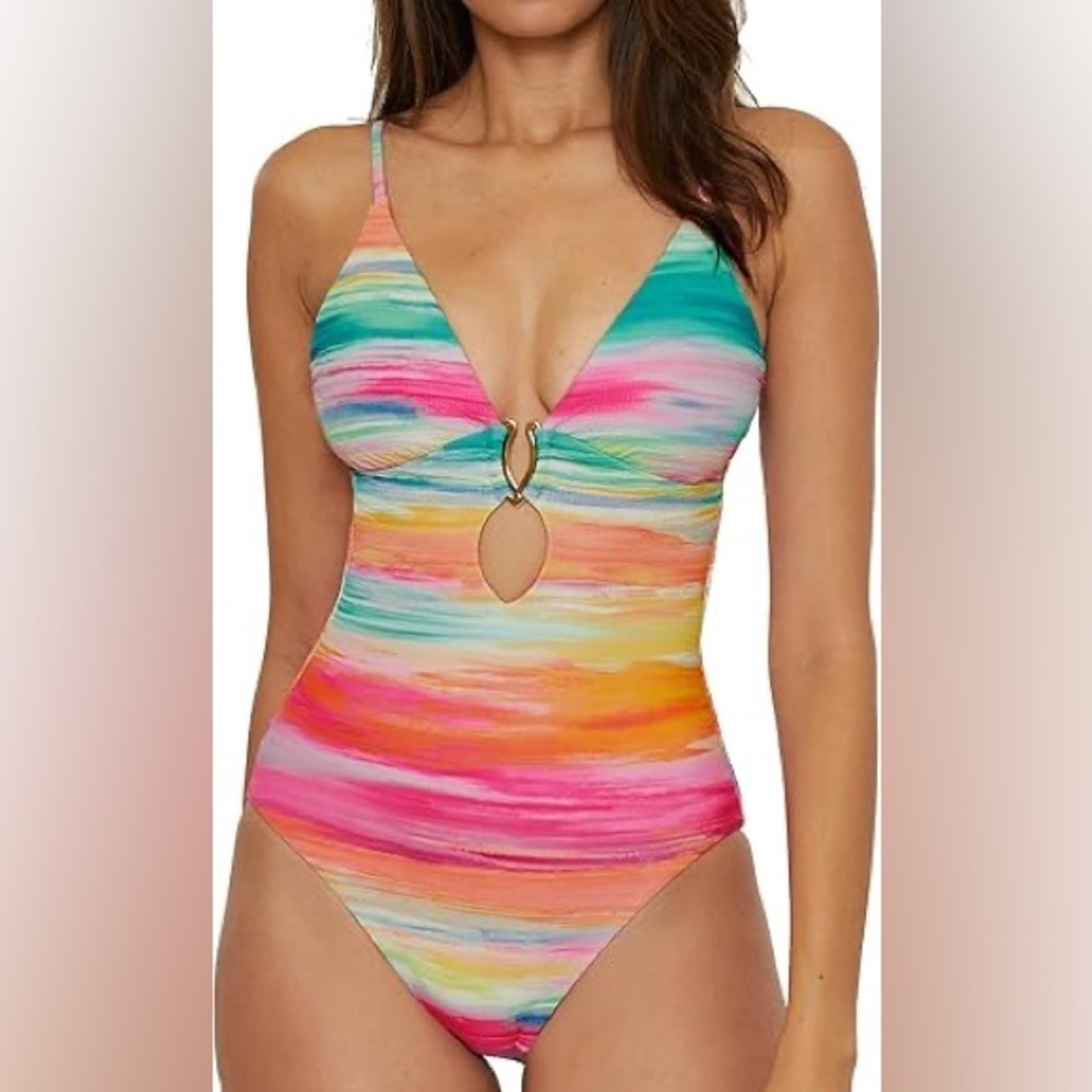 BECCA Women's Verano One Piece Swimsuit, Plunge Neck, Bathing Suits Medium - Picture 5 of 12